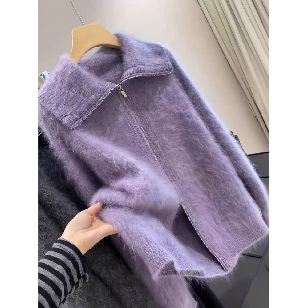 100% Brushed Cashmere Zip Cardigan with Fold-Over Collar Design